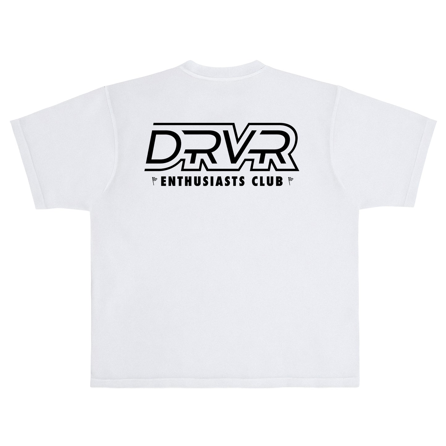 White t-shirt with black 'DRVR Enthusiasts Club' logo on a white background