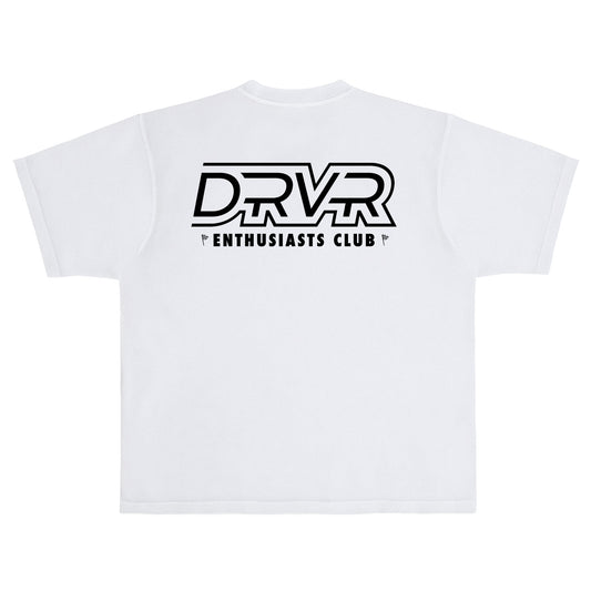 White t-shirt with black 'DRVR Enthusiasts Club' logo on a white background