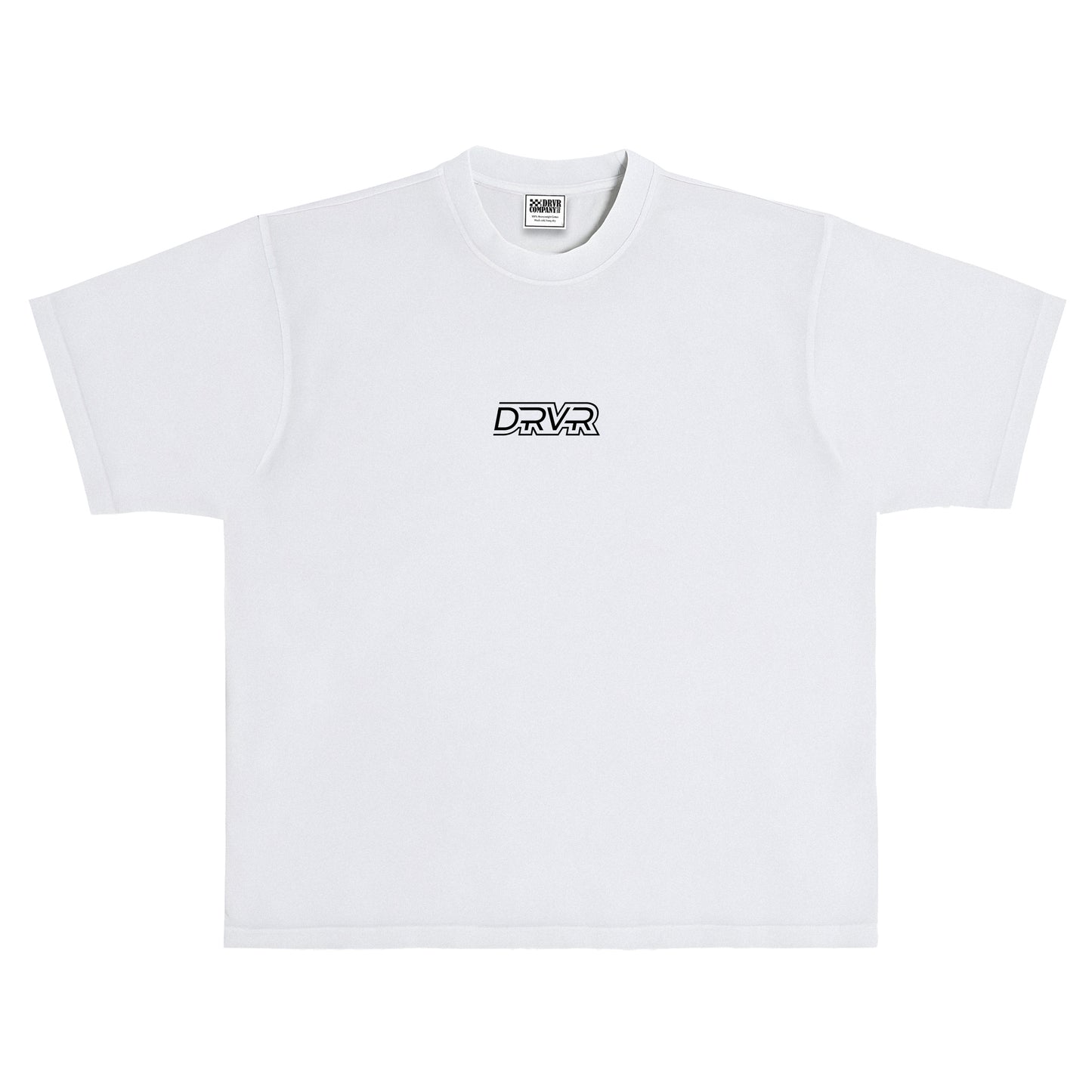 White t-shirt with 'DRVR' logo on a white background