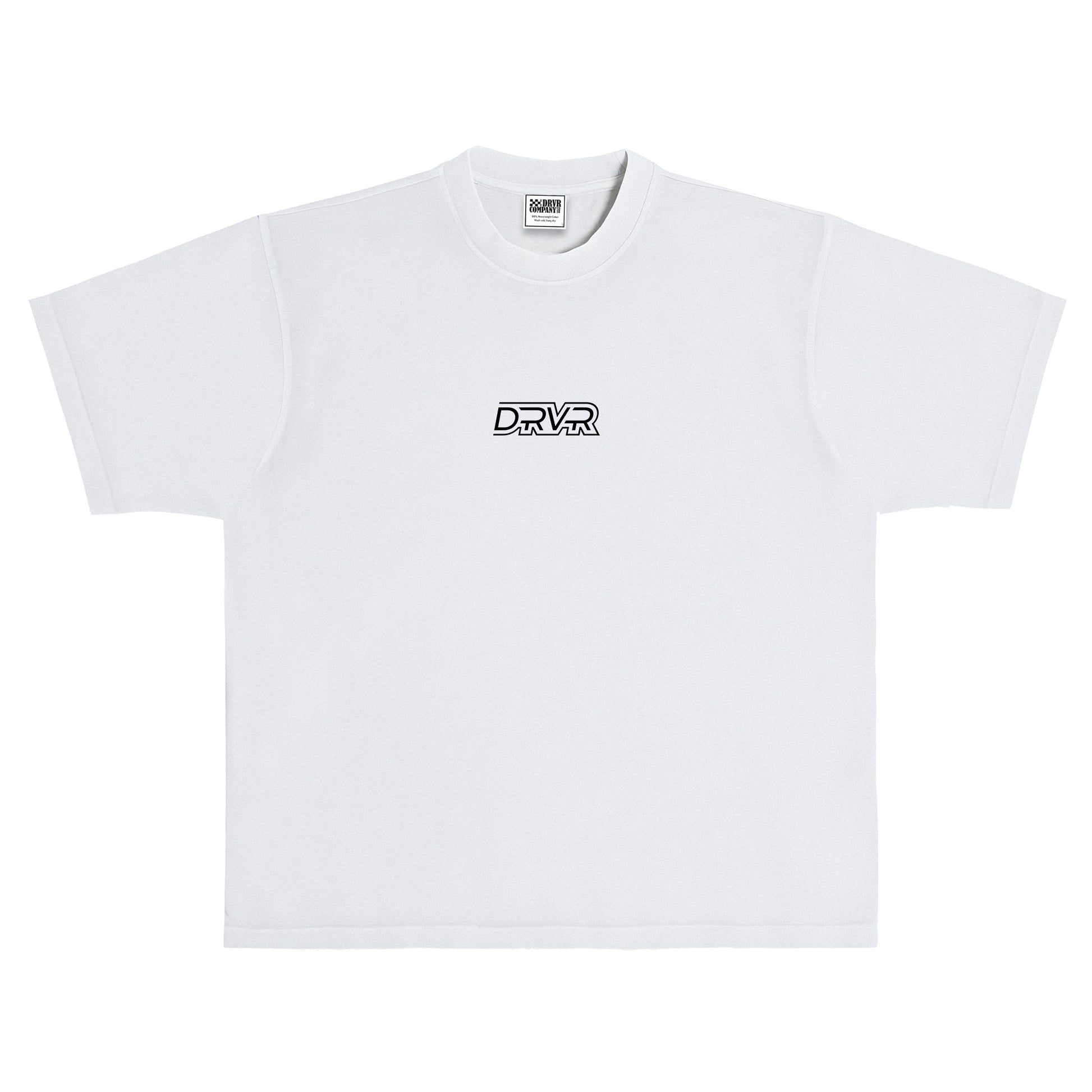 White t-shirt with 'DRVR' logo on a white background