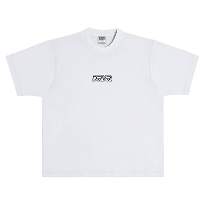 White t-shirt with 'DRVR' logo on a white background