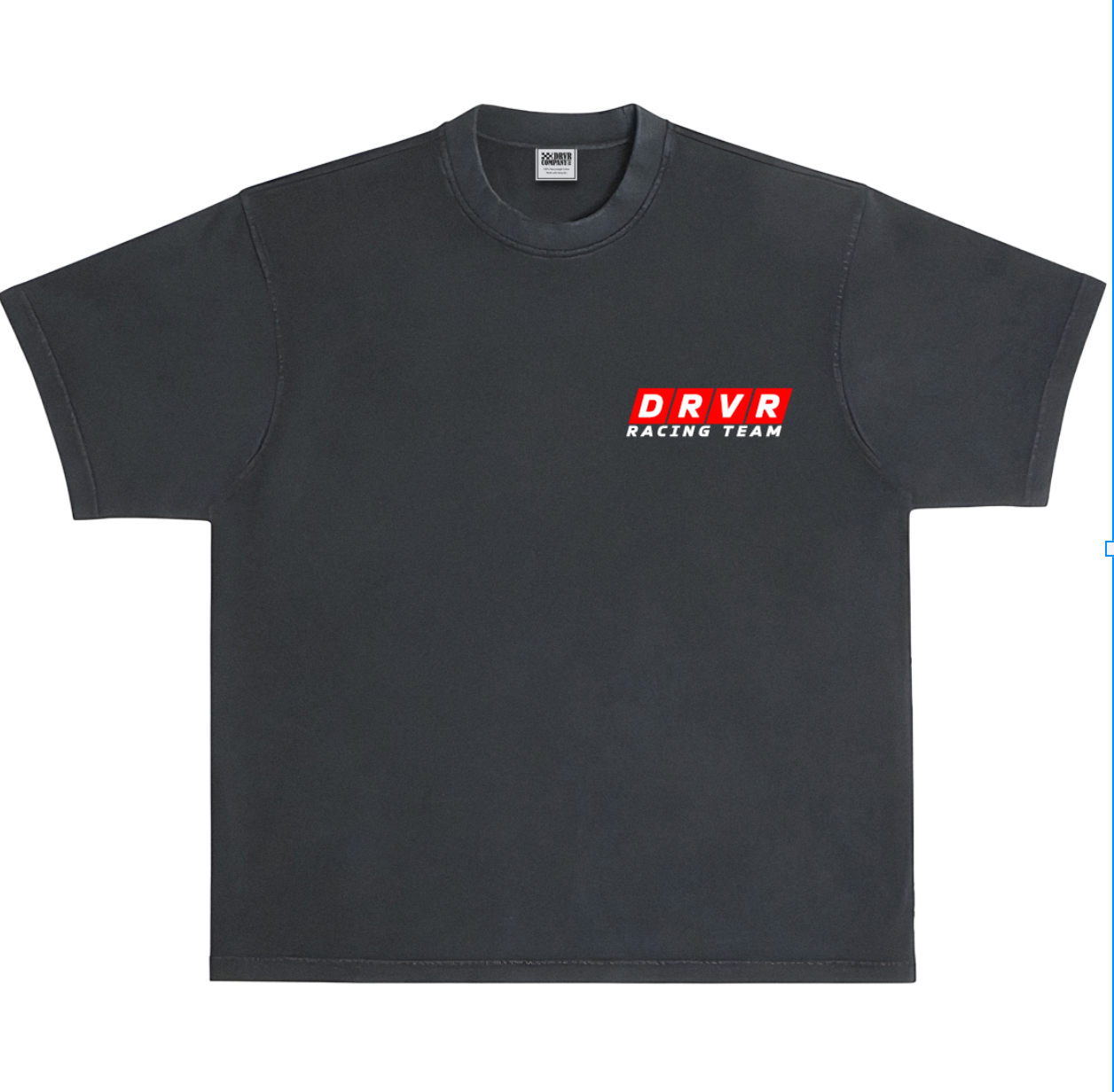 Black t-shirt with a red and white logo on a white background