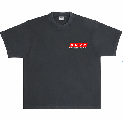 Black t-shirt with a red and white logo on a white background