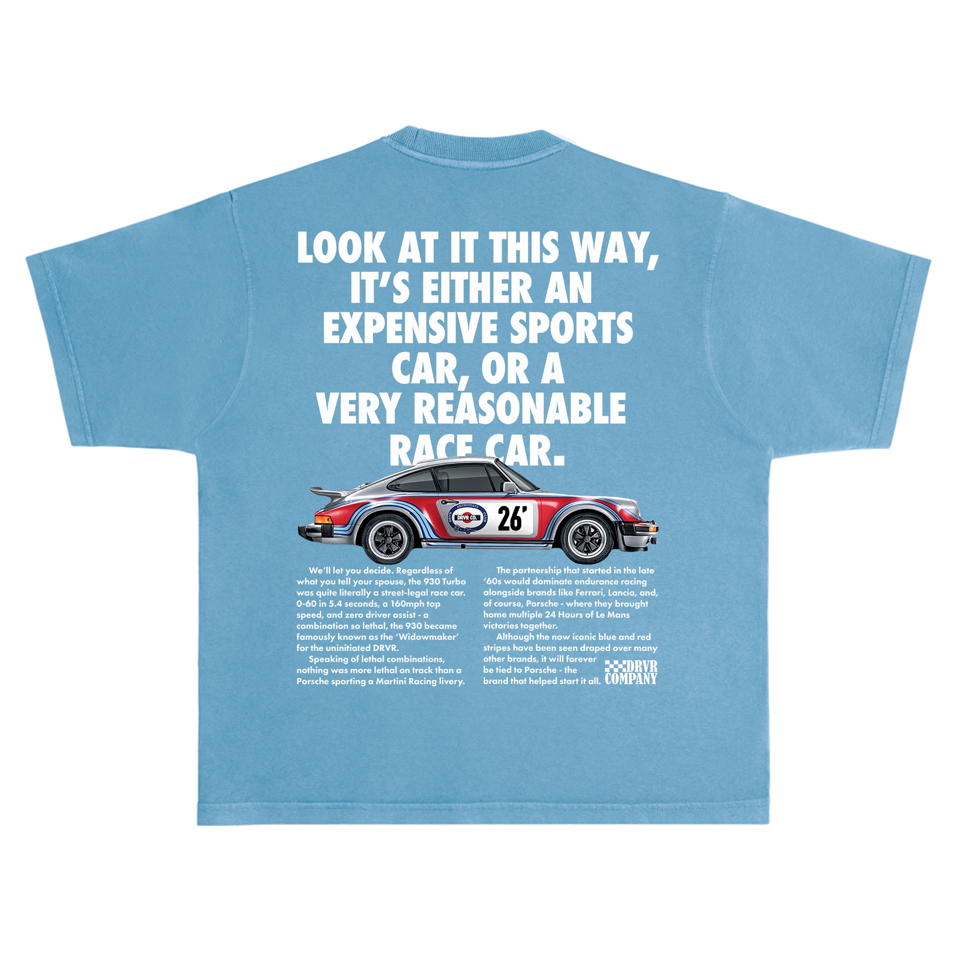 Blue t-shirt with a graphic of a race car and humorous text on a white background