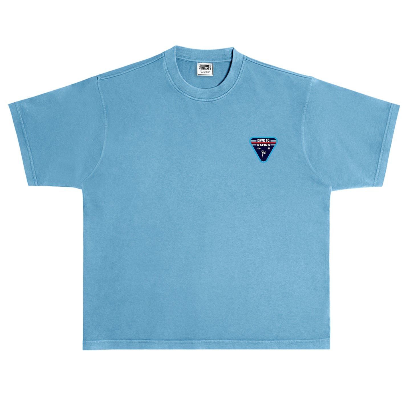 Light blue t-shirt with a small logo on the chest against a white background