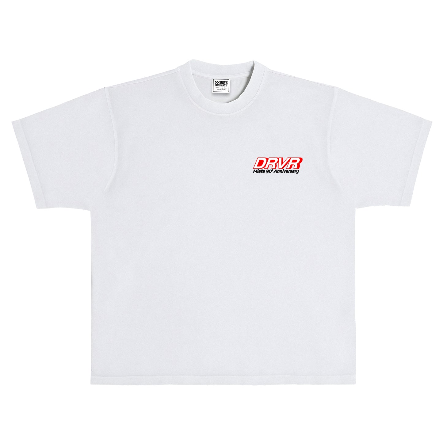 White t-shirt with a red and black logo on a white background