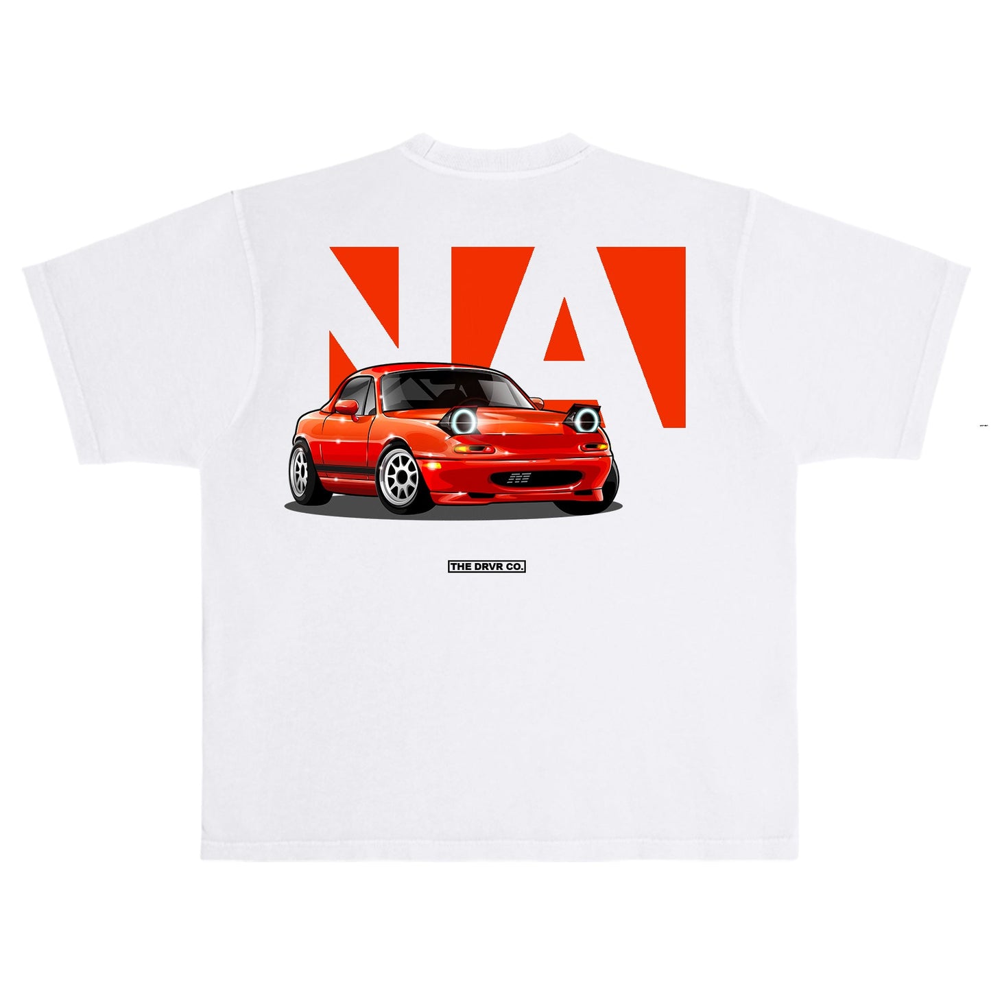 White t-shirt with a red car graphic and 'NA' text on a white background