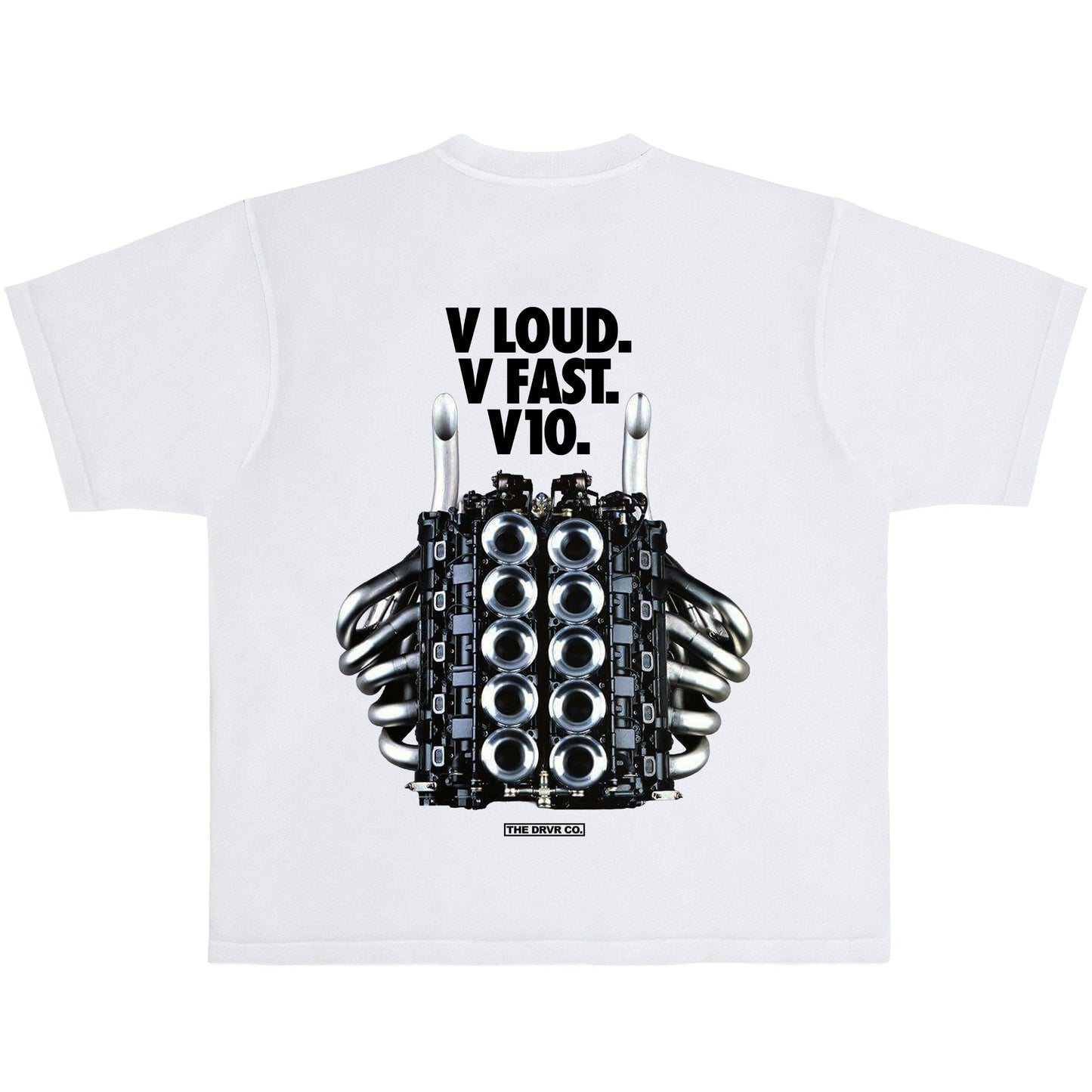 White t-shirt with a black engine block graphic and text on a white background