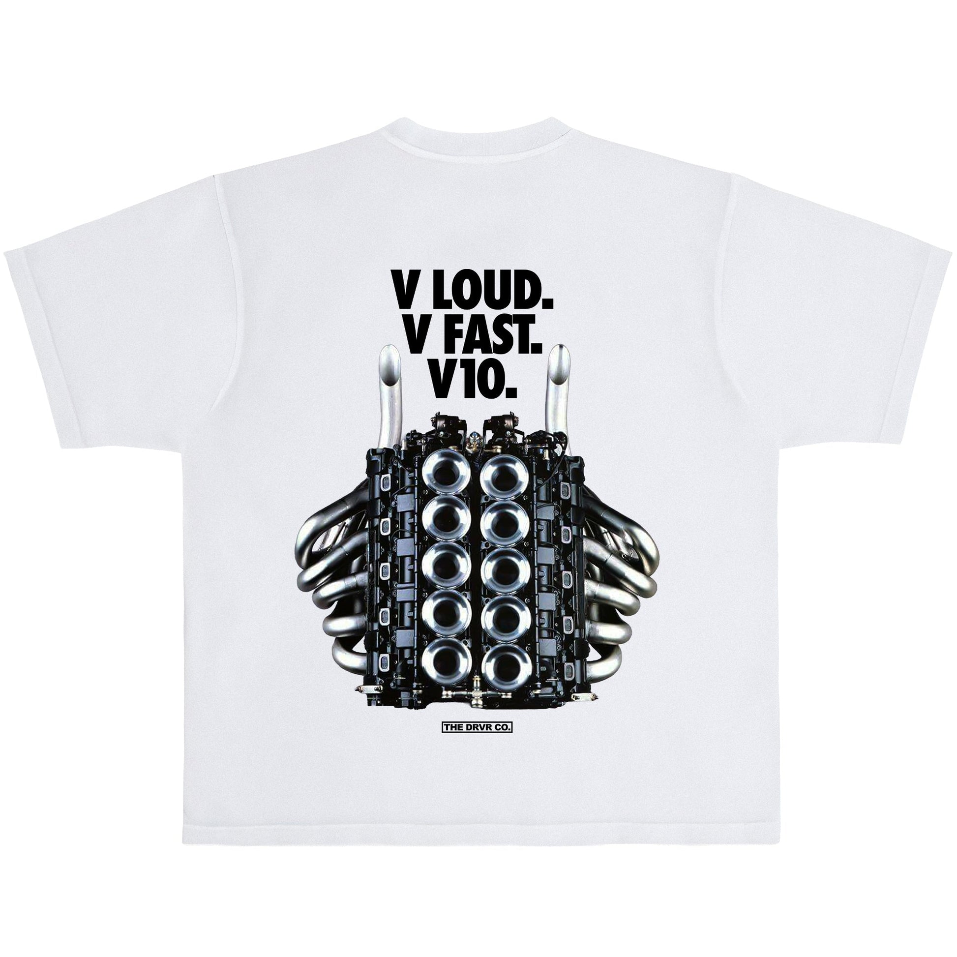 White t-shirt with a black engine block graphic and text on a white background