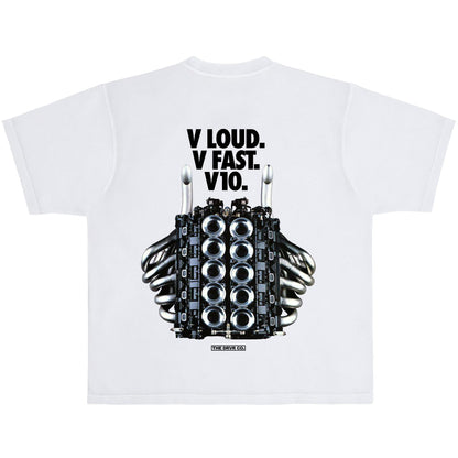 White t-shirt with a black engine block graphic and text on a white background