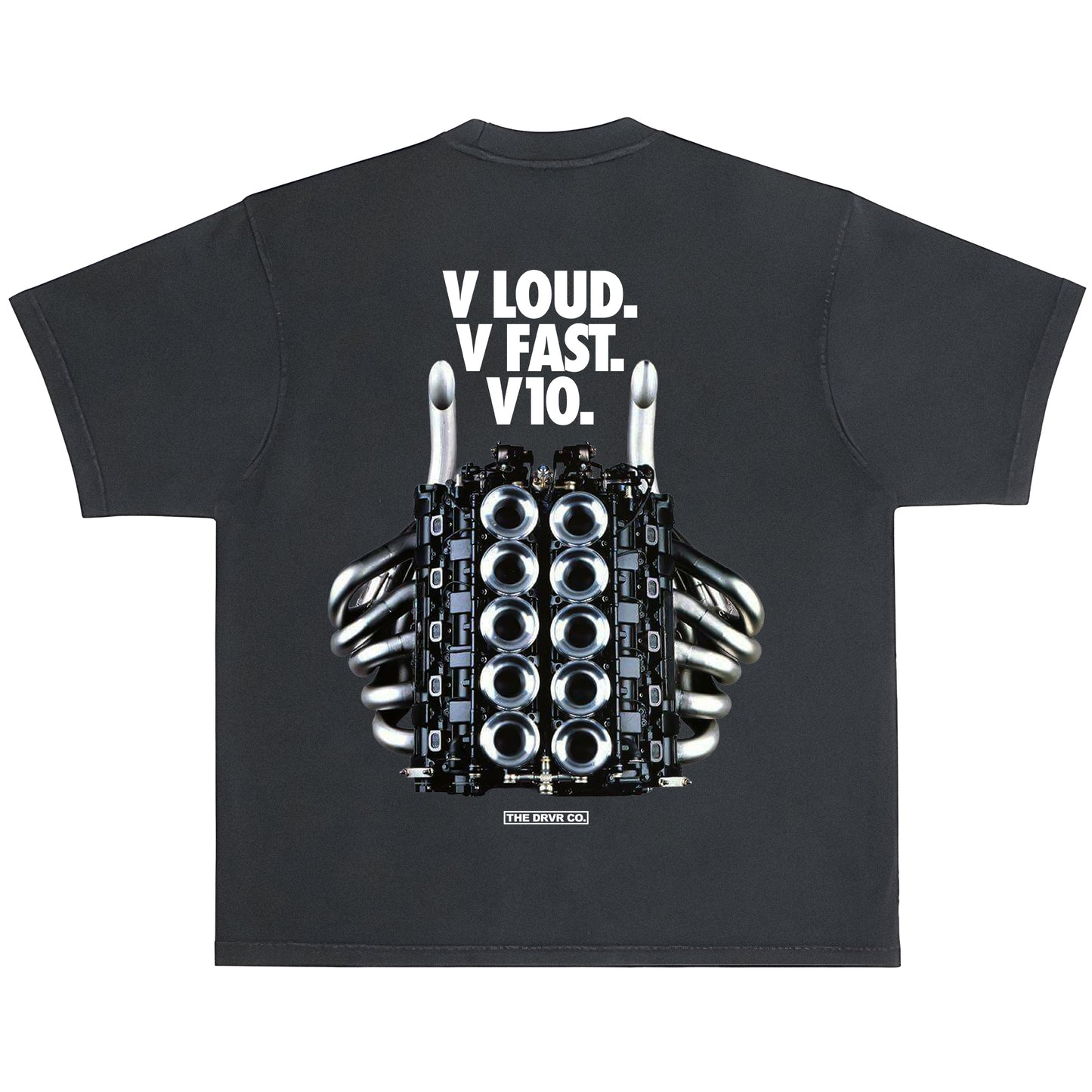 Black t-shirt with a graphic of a hand holding a car engine and text on the back, on a white background.