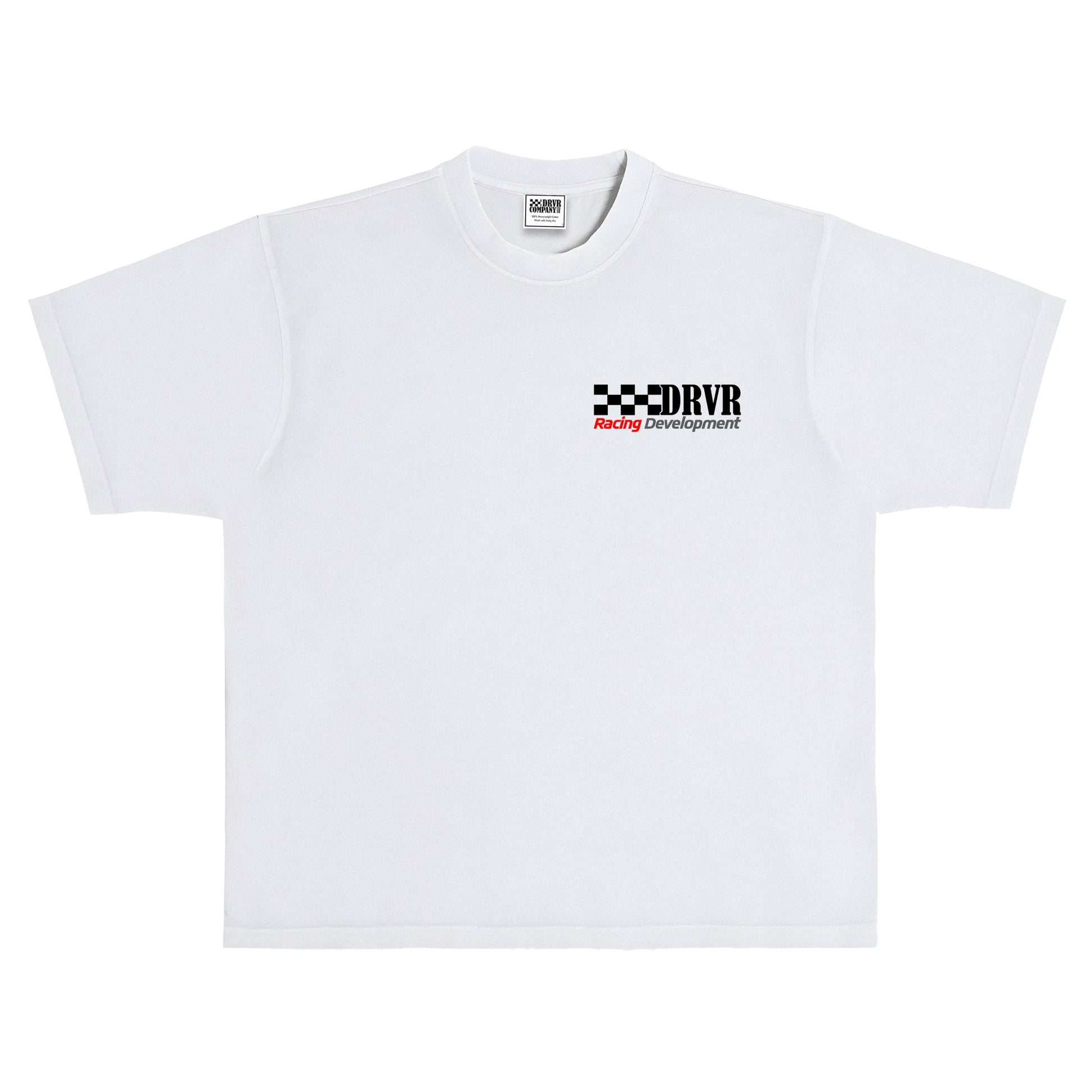 White t-shirt with a logo on a white background