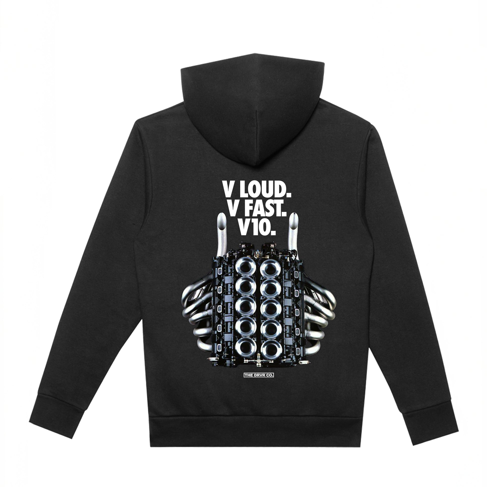 Black hoodie with graphic design and text on the back against a white background