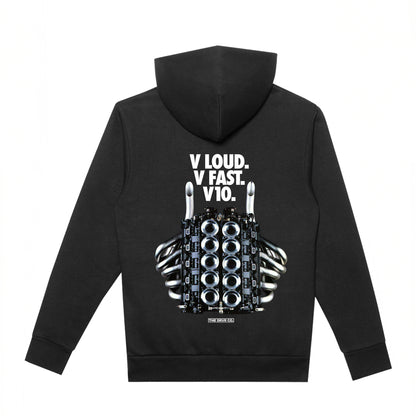 Black hoodie with graphic design and text on the back against a white background