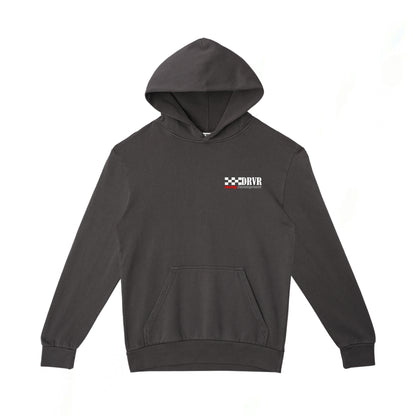 Black hoodie with a logo on the chest against a white background