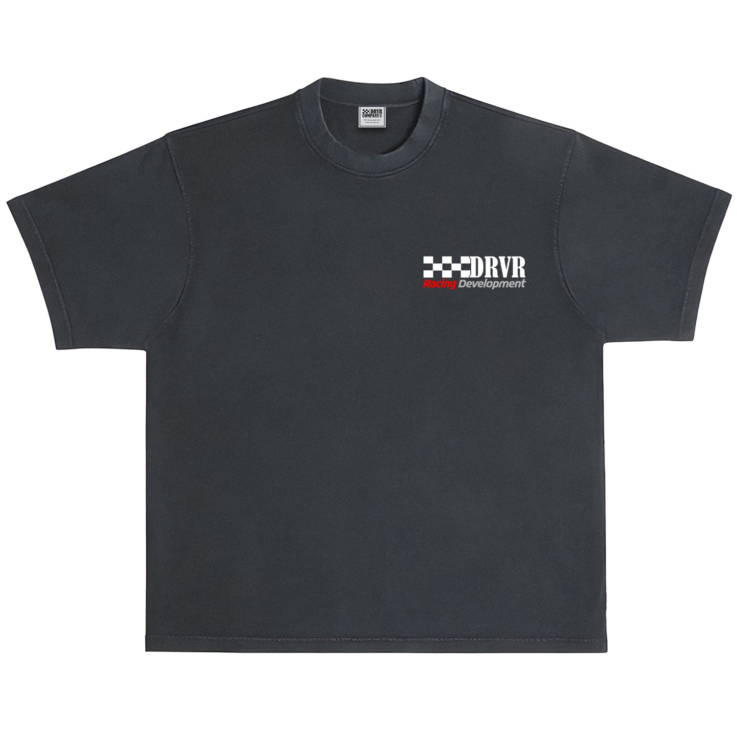 Black t-shirt with a logo on the chest against a white background