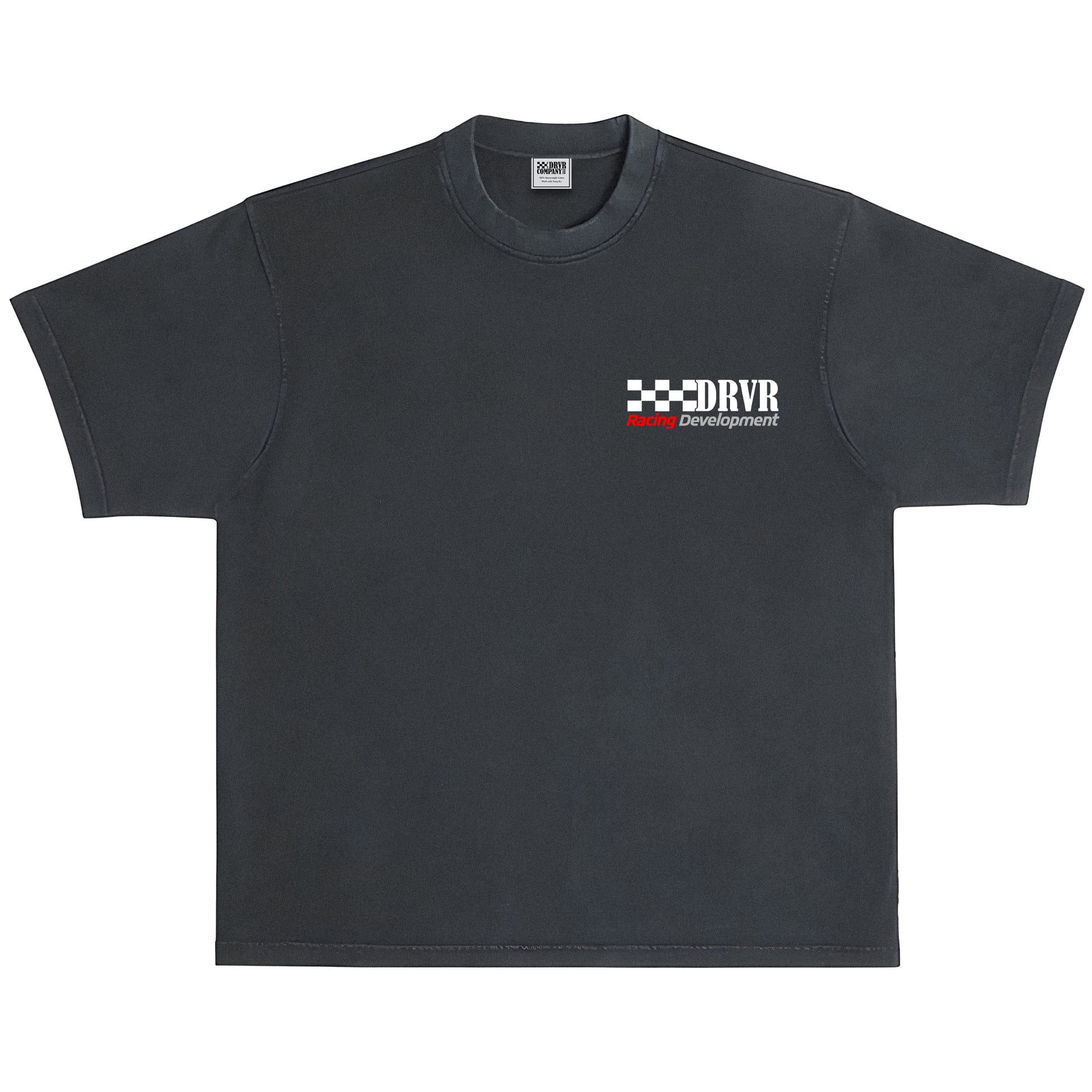 Black t-shirt with a logo on the chest against a white background