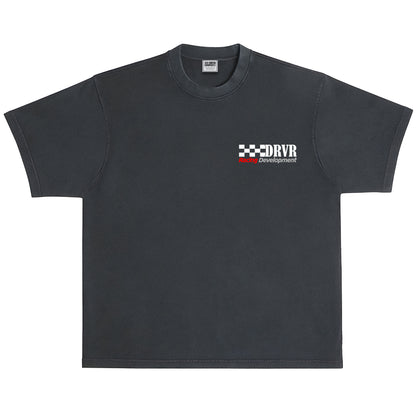 Black t-shirt with a logo on the chest against a white background