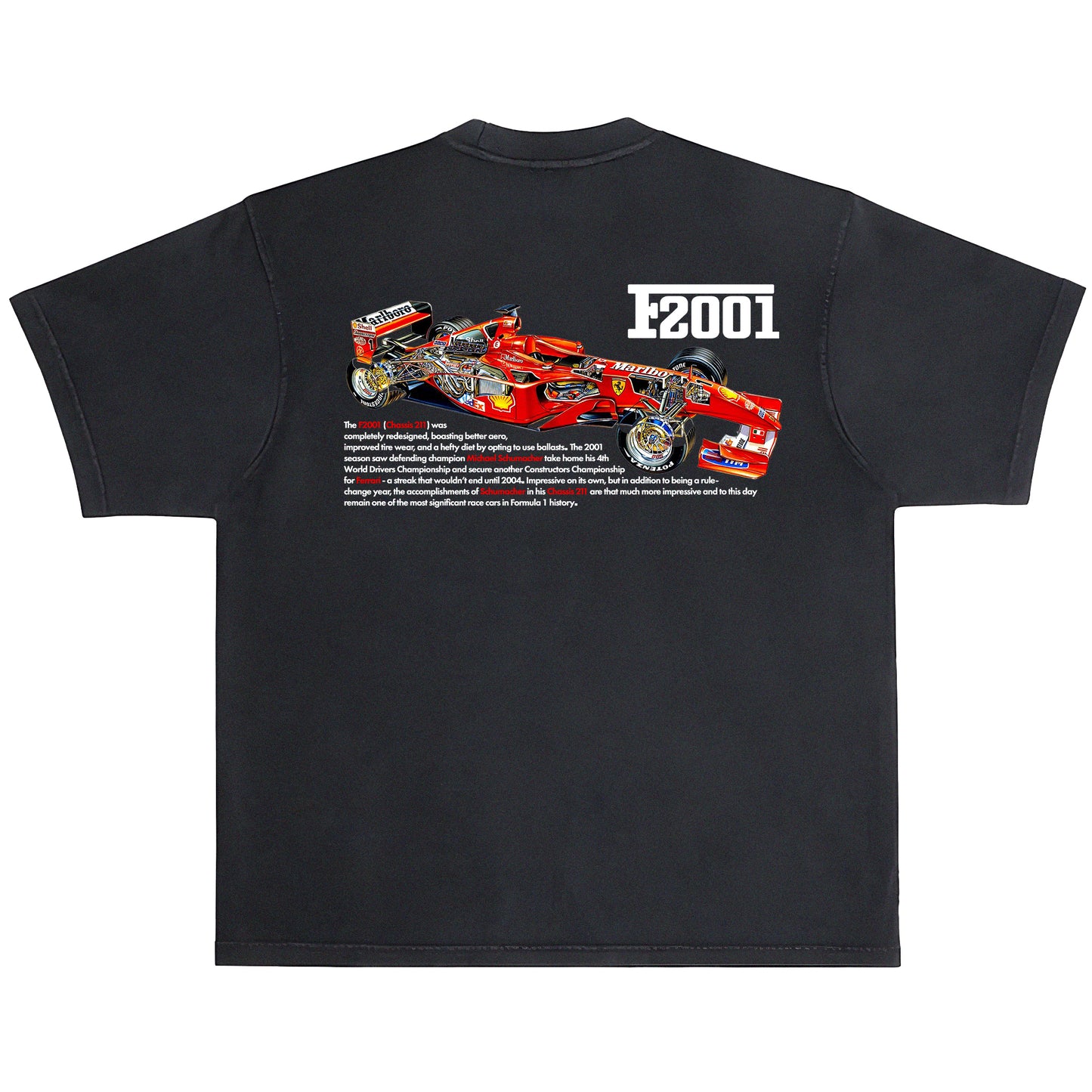 Black t-shirt with a Formula 1 car design and 'F2001' text on a white background