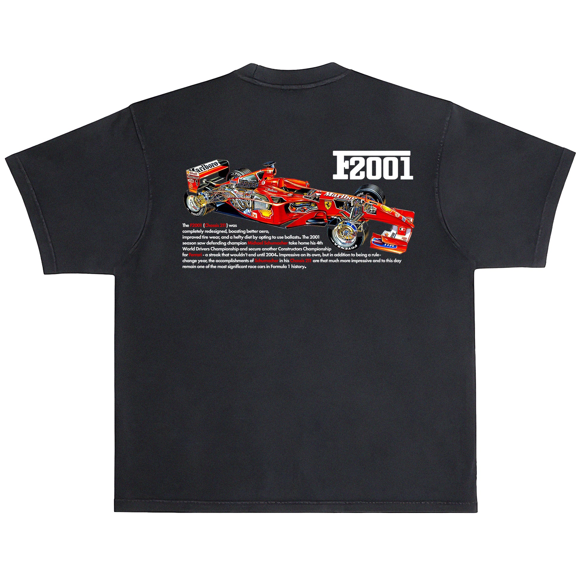 Black t-shirt with a Formula 1 car design and 'F2001' text on a white background