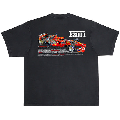 Black t-shirt with a Formula 1 car design and 'F2001' text on a white background